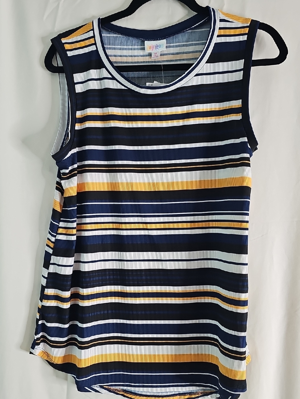 LuLaRoe Cocoa Navy, White & Mustard Striped Sleeveless Top